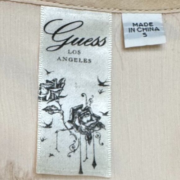 Guess MSRP $72 Blouse Sleeveless Lace Distressed Black Top Beige Button Down SM - Picture 7 of 8